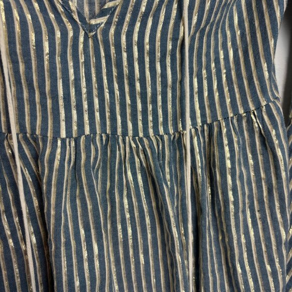 Altar'd State Striped Blue & Gold Metallic Peplum Blouse With Tassels Size S - Picture 2 of 7